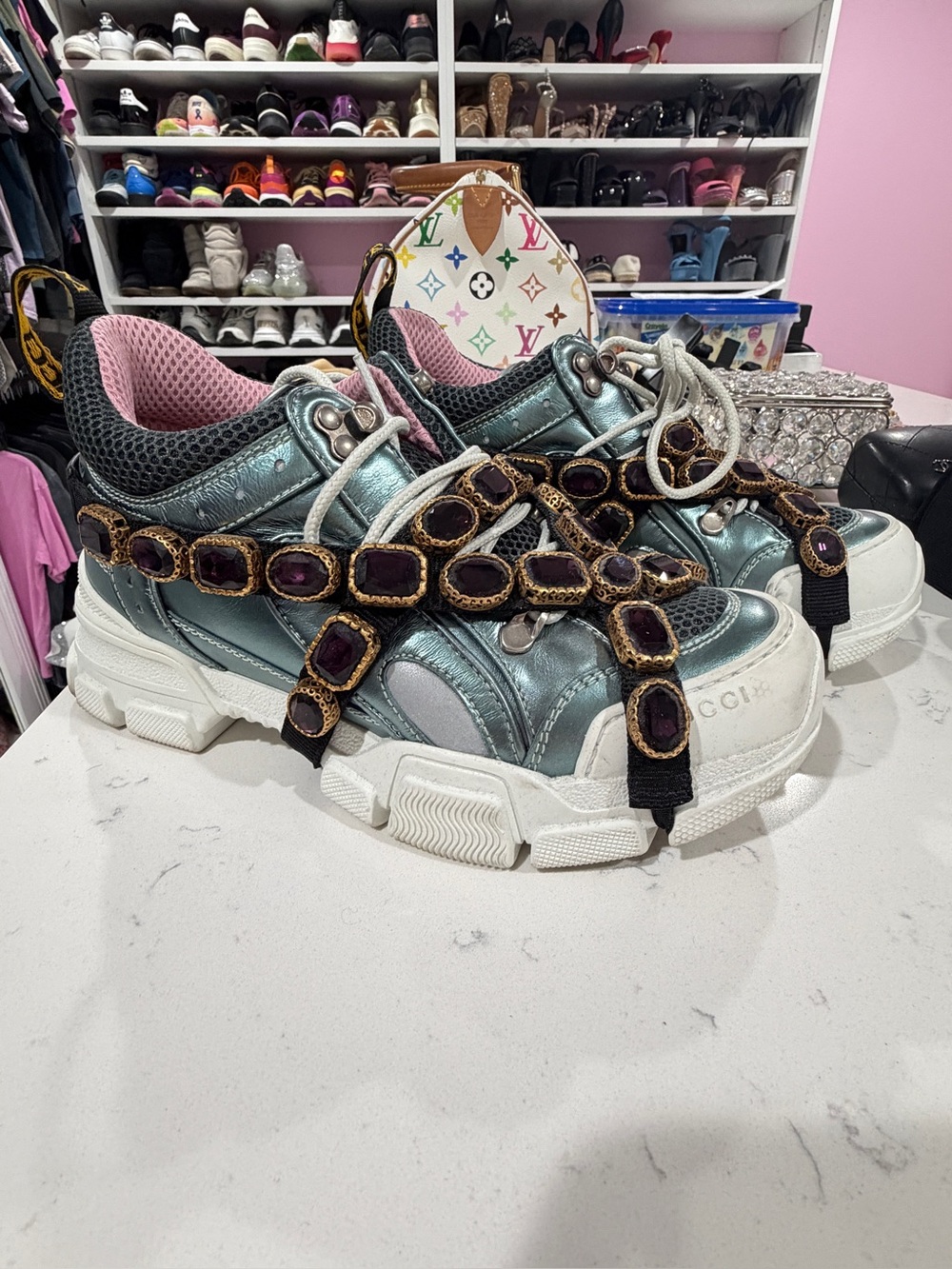 Gucci Flashtrek Sneakers Size 37 Leather and Mesh Rhinestones